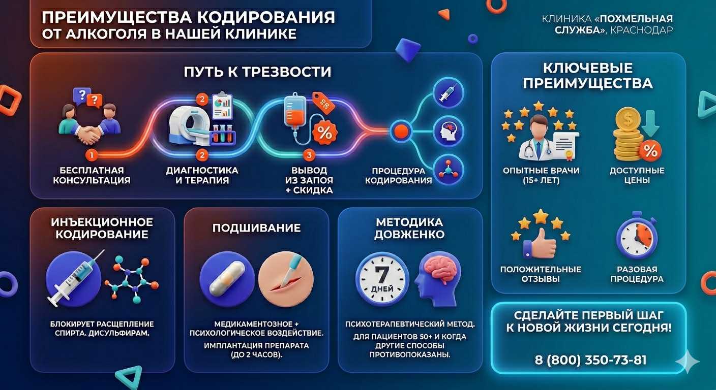 Инфографика о методах кодирования от алкоголя в Караиделе: инъекции, подшивание, метод Довженко. Преимущества клиники и этапы лечения.