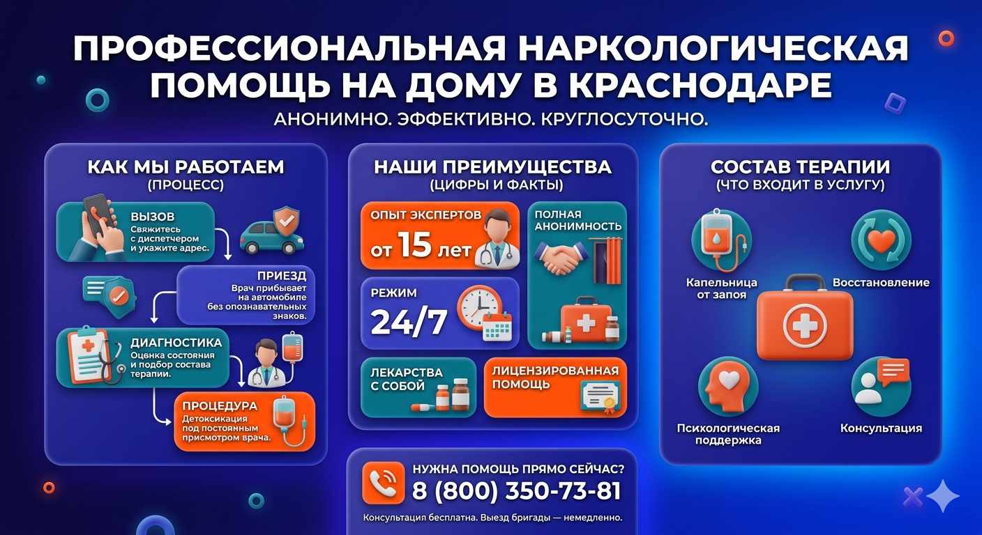 Инфографика о принципах лечения алкоголизма на дому в Караиделе: этапы вызова нарколога, преимущества анонимной детоксикации и состав медицинской помощи.